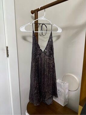 Oh Polly Charcoal Sequin Strapless Slip Dress